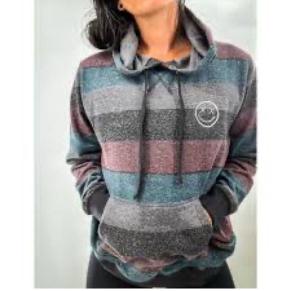 salty savage Tops - SALTY SAVAGE striped casual woman happy face zip front pocket hood sweatshirt S